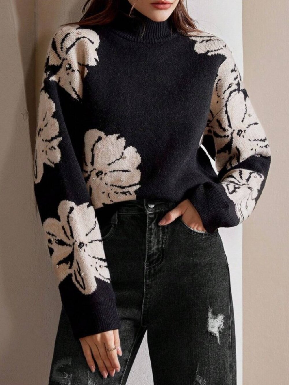 Black Floral Knit Sweater with Rhinestone Embellished Sleeves